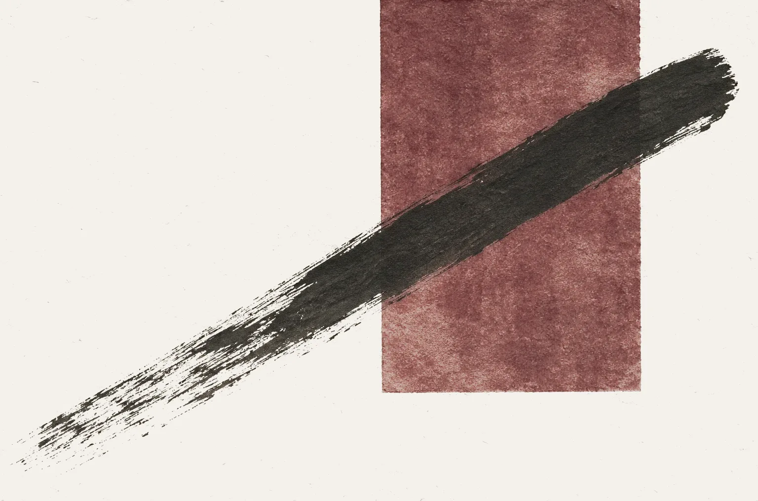 Abstract painting: a diagonal charcoal brushstroke crossing a claret rectangle