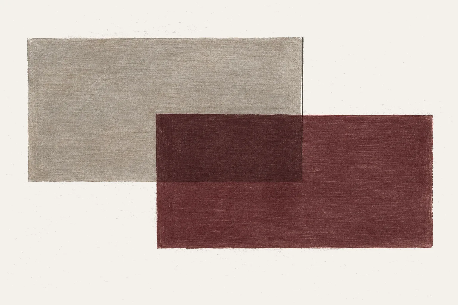 Abstract painting: two overlapping translucent rectangles, gray and claret