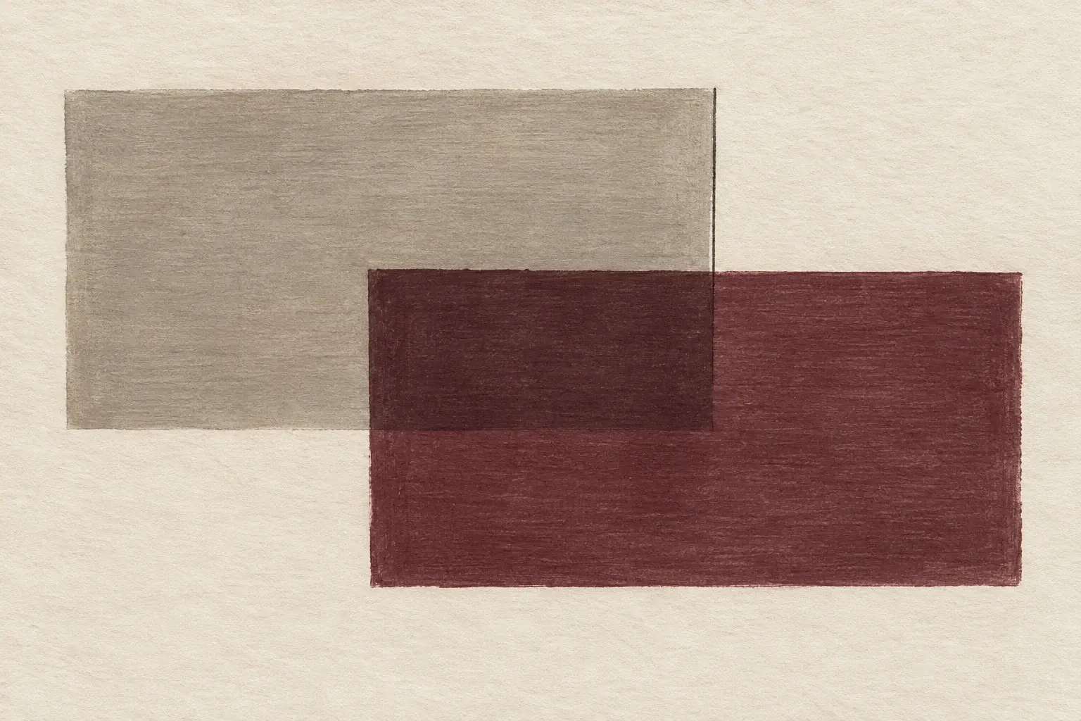 Abstract painting: two overlapping translucent rectangles, gray and claret, on cream paper