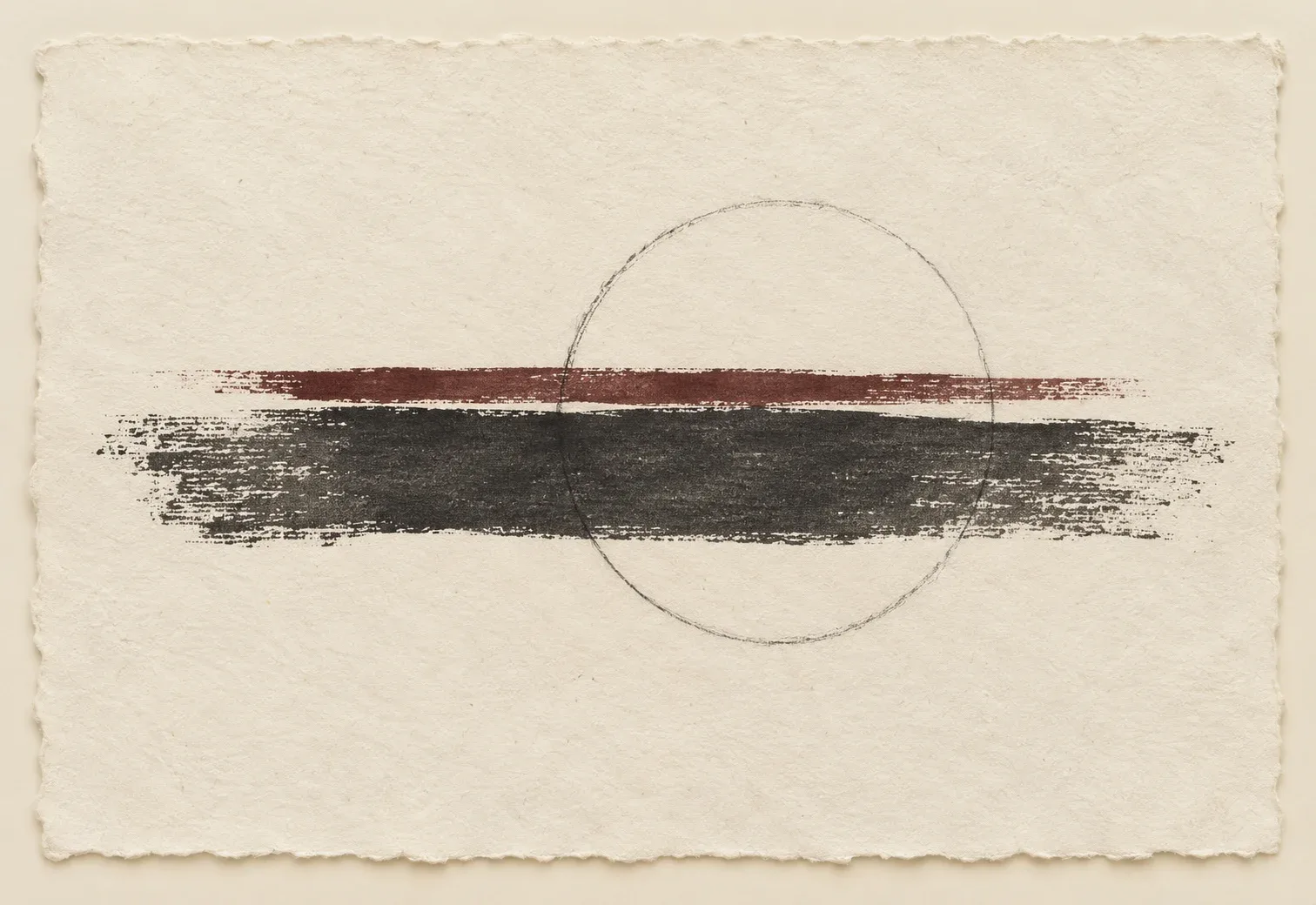 Abstract painting on deckled paper: a claret stroke above a broad charcoal stroke, crossed by a finely drawn circle