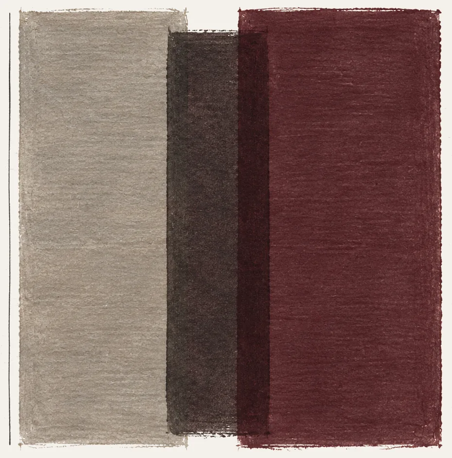 Abstract painting: three tall overlapping planes of gray, ink, and claret beside a fine vertical pencil line