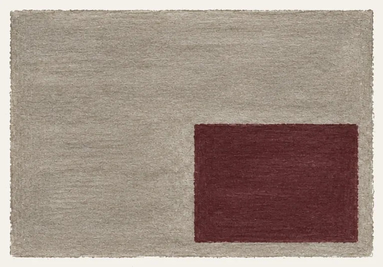 Abstract painting: a claret rectangle set within a larger gray rectangle