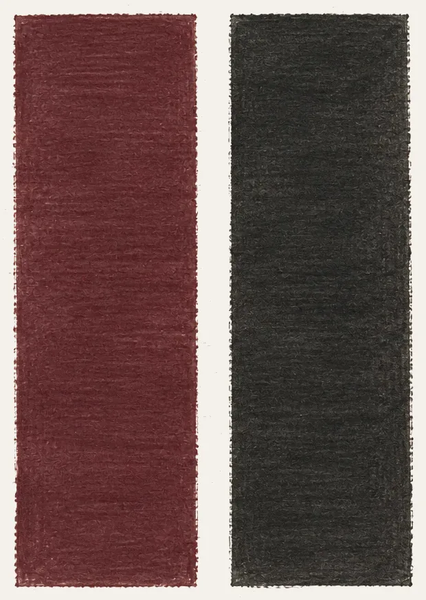 Abstract painting: two tall vertical bands, claret and ink, side by side